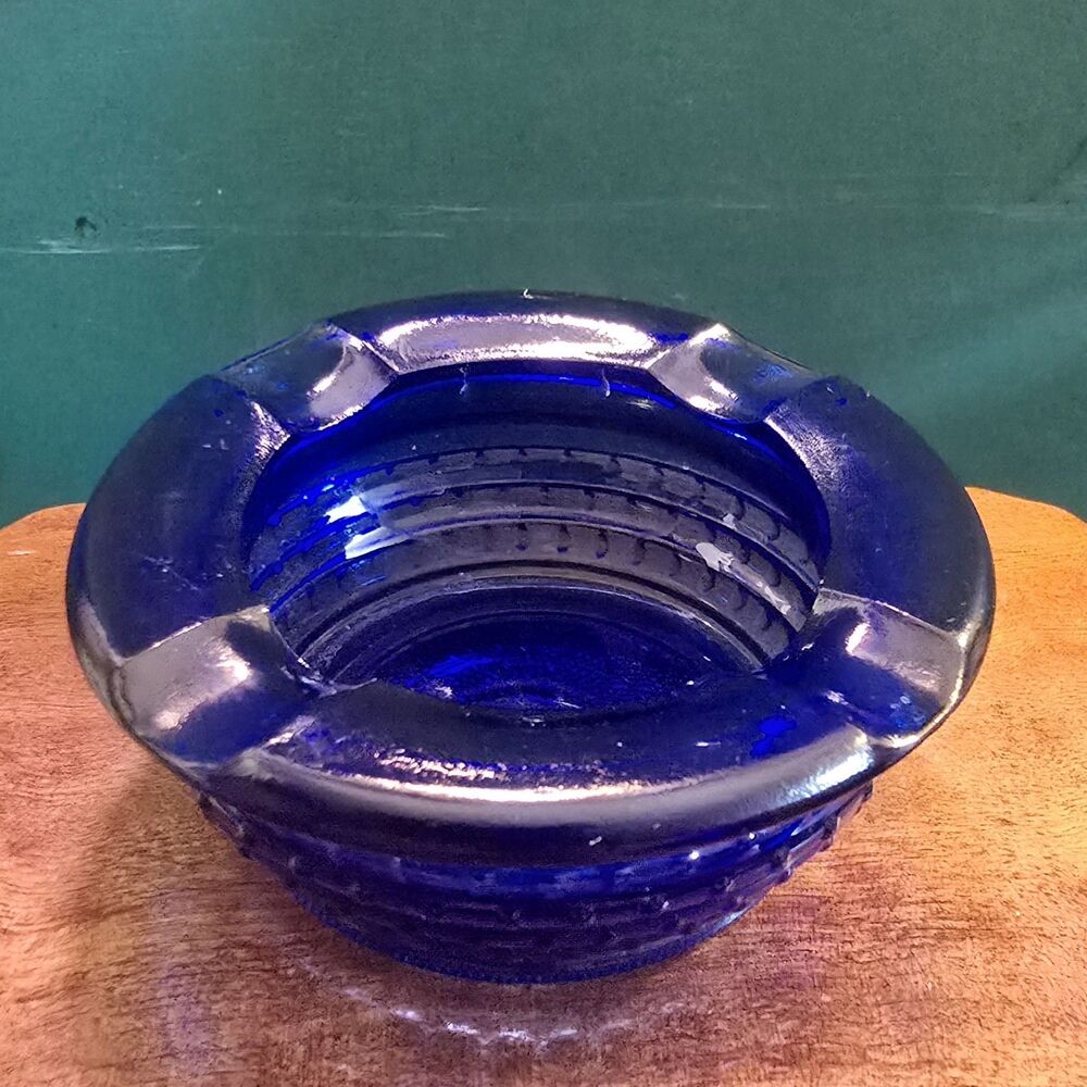 Cobalt Blue Ashtray Round Vintage Marked 4 On Bottom 3.5" Diameter 1.25" High